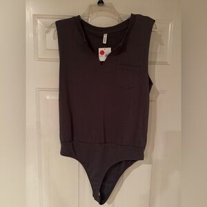 Wishlist Charcoal Sleeveless V-Notch Bodysuit with Pocket